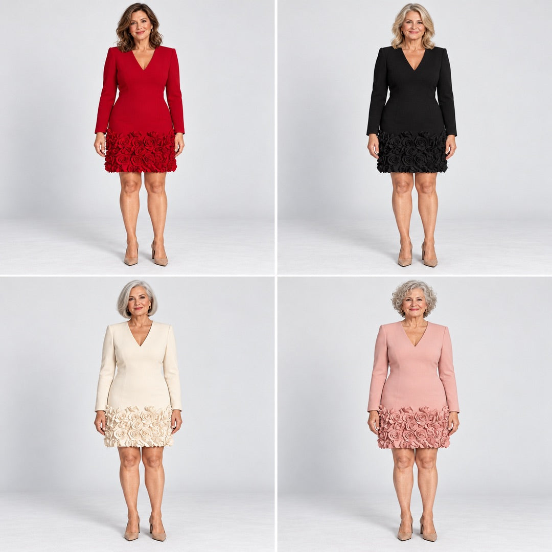 Women of different ages wearing the Glenys dress in Red, Black, Cream and Blush Pink