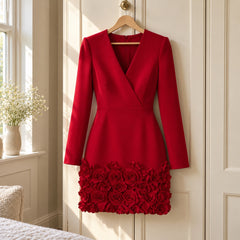 Glenys Long Sleeve Dress with Rose Hem in Red on a hanger