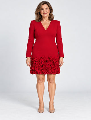 Glenys Long Sleeve Dress with Rose Hem in Red