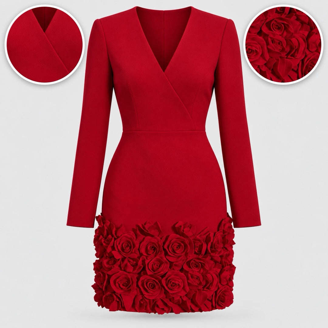 Glenys Long Sleeve Dress with Rose Hem in Red, with close-ups of the details