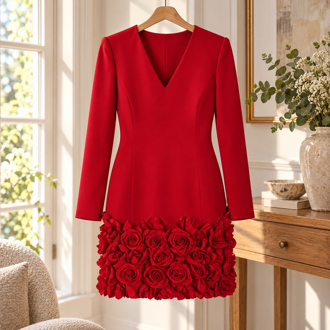 Glenys Long Sleeve Dress with Rose Hem in Red on a hanger