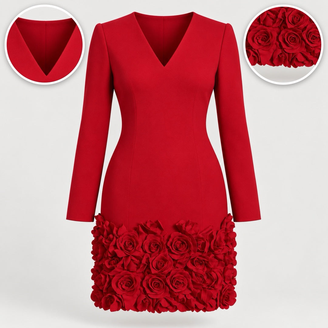 Glenys Long Sleeve Dress with Rose Hem in Red, with close-ups of the details