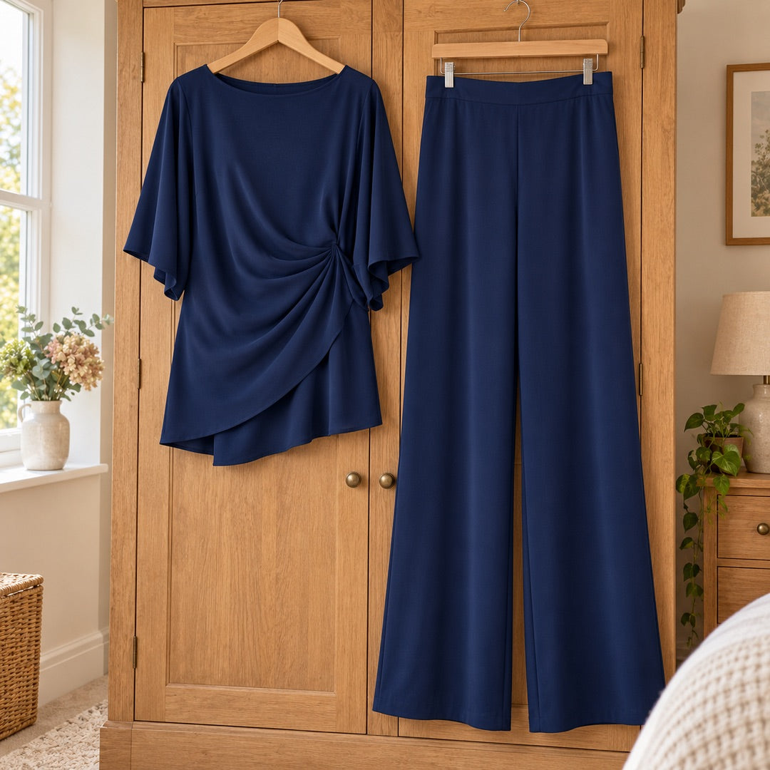 Gloria Draped Wide-Leg Occasion Set in Navy on a hanger