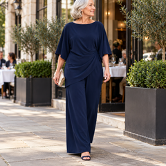 Gloria Draped Wide-Leg Occasion Set in Navy, worn out and about