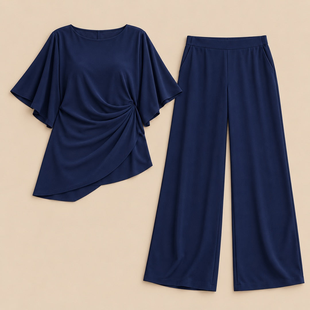 Gloria Draped Wide-Leg Occasion Set in Navy, the whole piece laid flat
