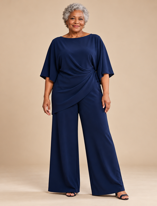 Gloria Draped Wide-Leg Occasion Set in Navy