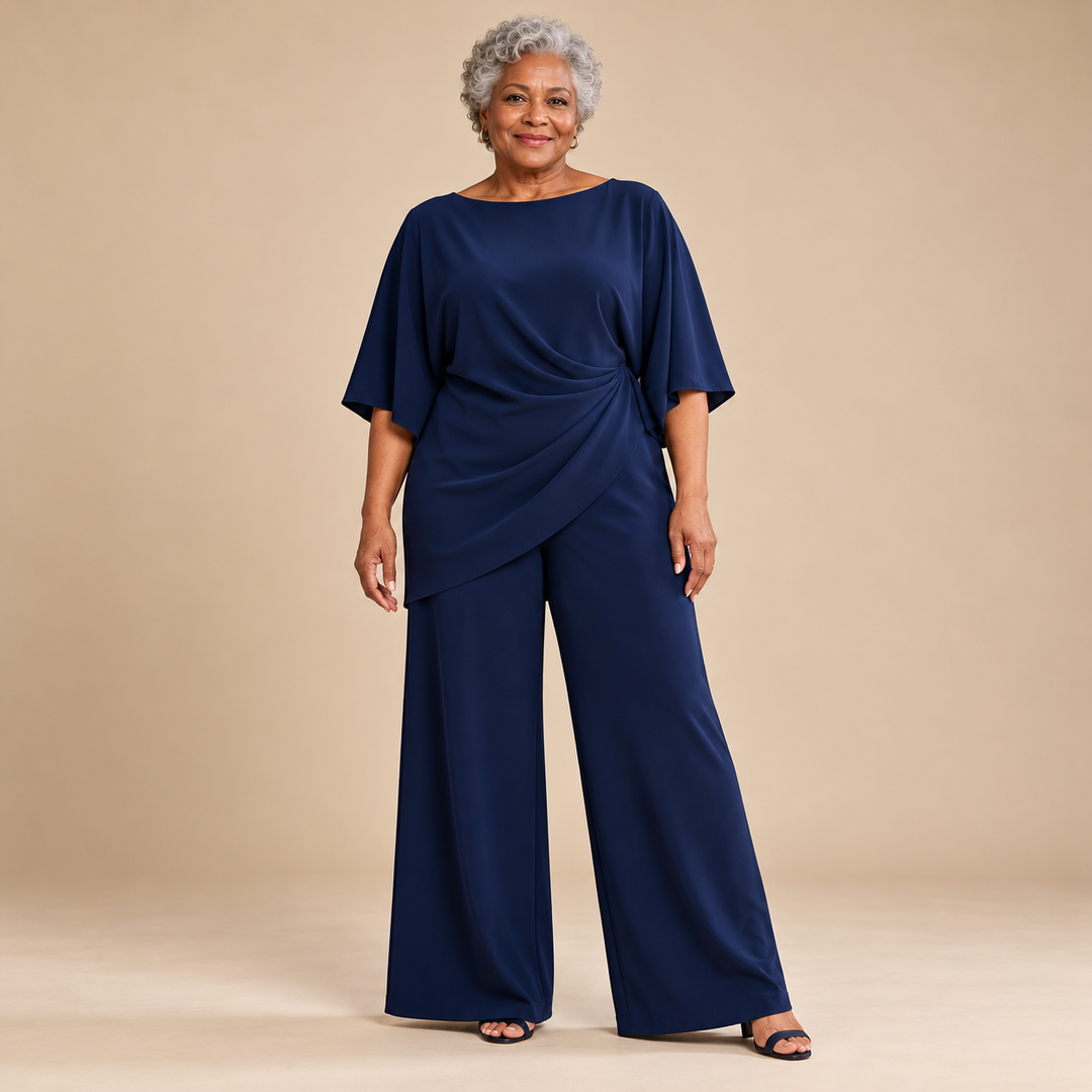 Gloria Draped Wide-Leg Occasion Set in Navy