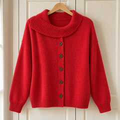 The Glynis Wide Collar Button Front Knit Jumper on a hanger