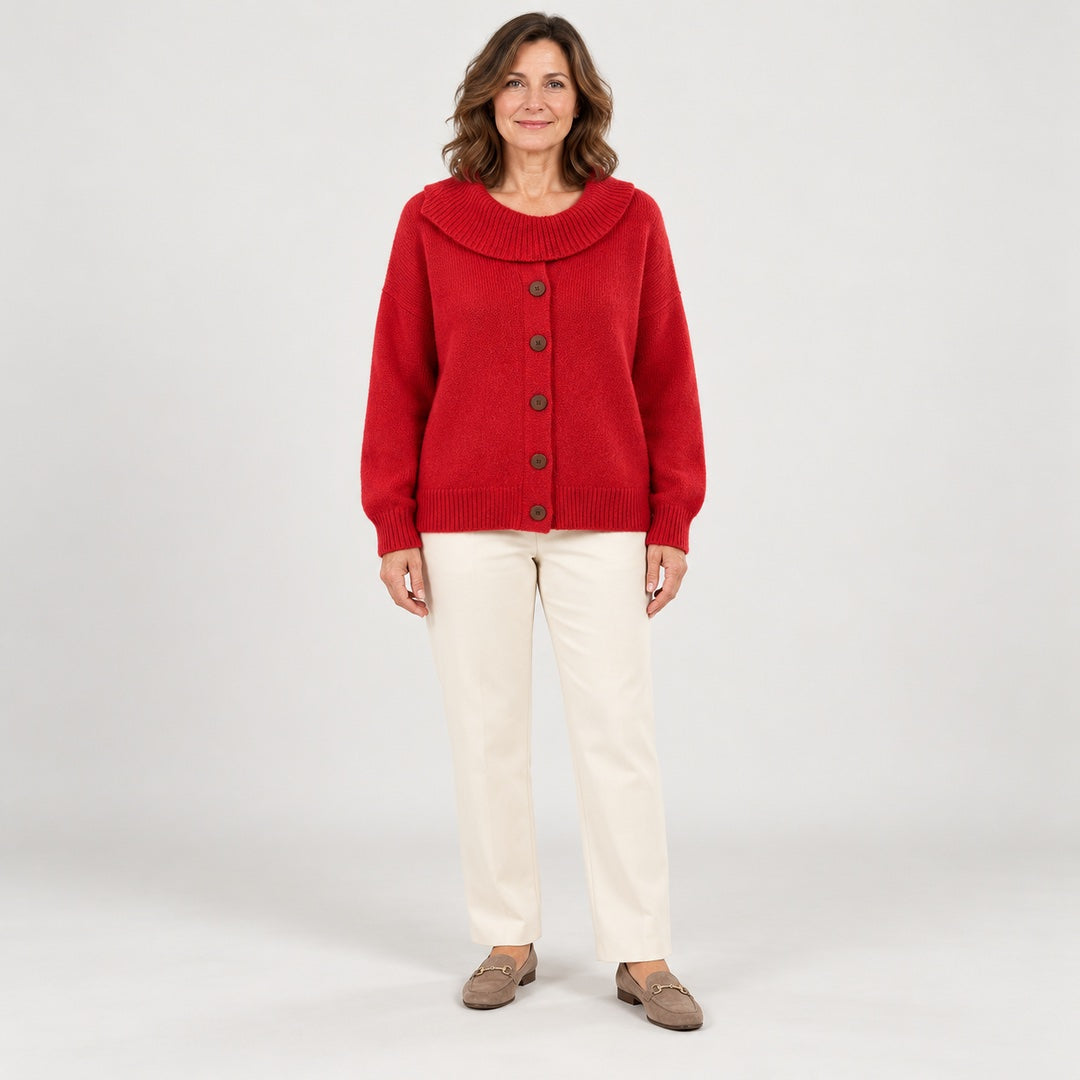 The Glynis Wide Collar Button Front Knit Jumper in the studio