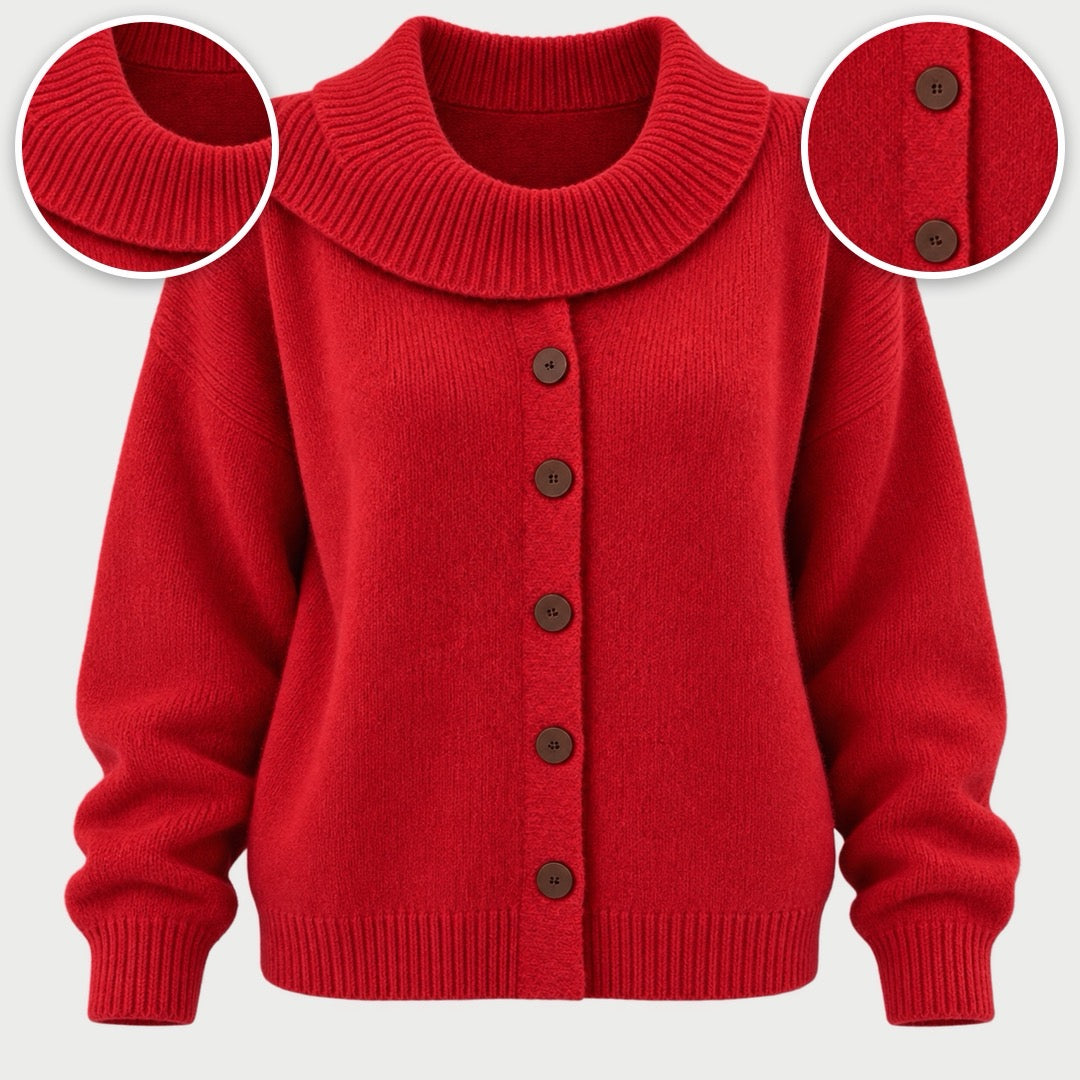The Glynis Wide Collar Button Front Knit Jumper with close-ups of the details