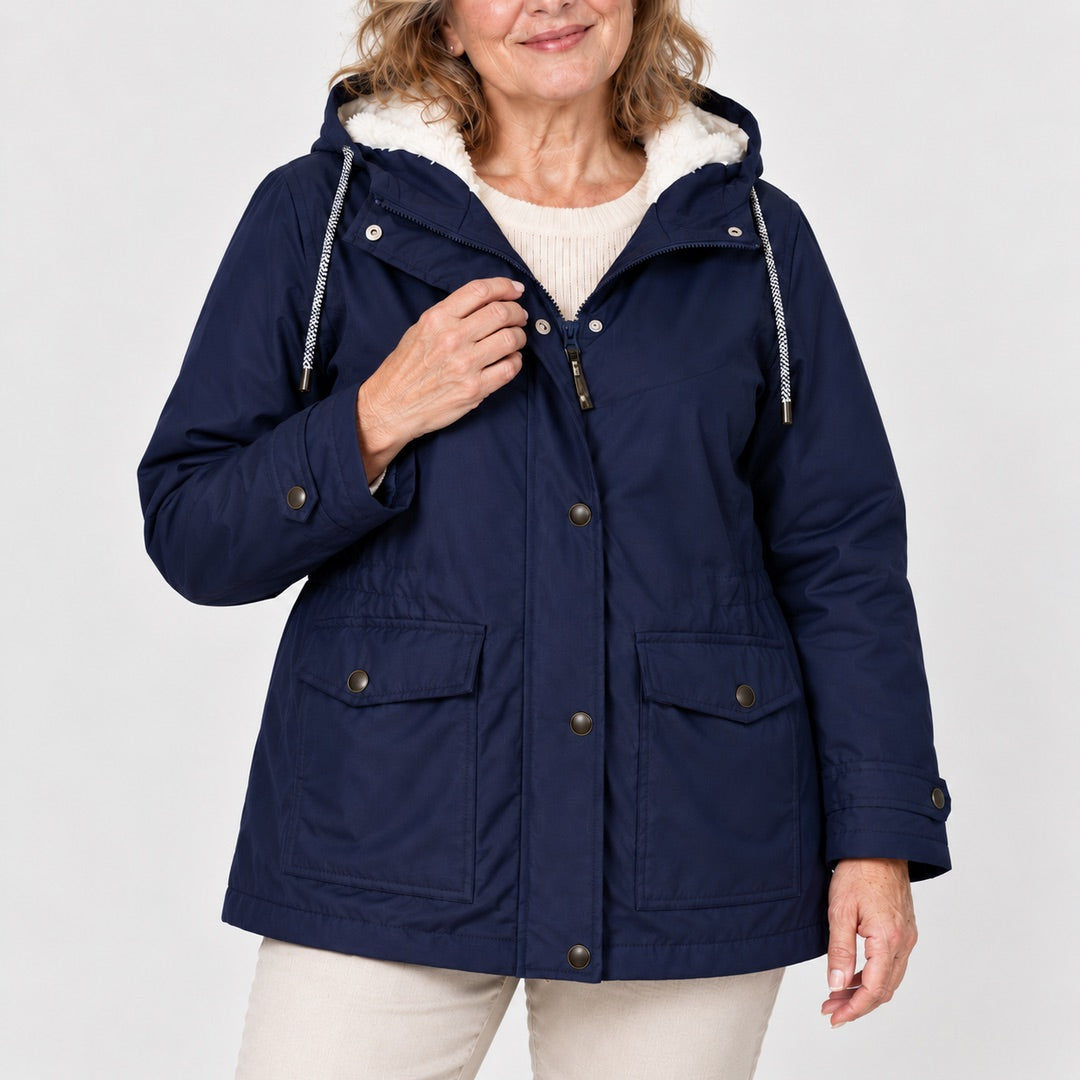 Gwendoline Hooded Rain Jacket with Fleece-Look Lining in Navy, a closer look at the fit