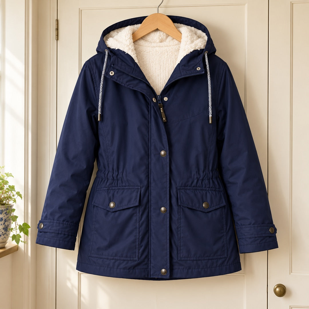 Gwendoline Hooded Rain Jacket with Fleece-Look Lining in Navy on a hanger