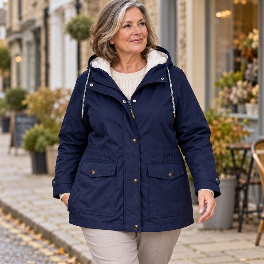Gwendoline Hooded Rain Jacket with Fleece-Look Lining in Navy, worn out and about