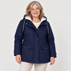 Gwendoline Hooded Rain Jacket with Fleece-Look Lining in Navy