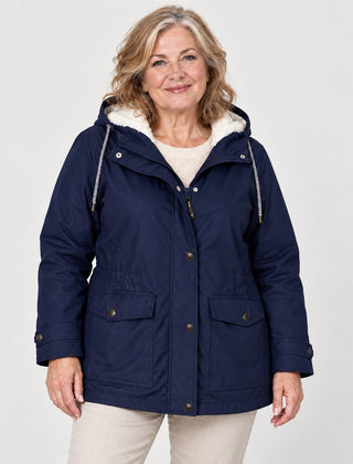 Gwendoline Hooded Rain Jacket with Fleece-Look Lining in Navy