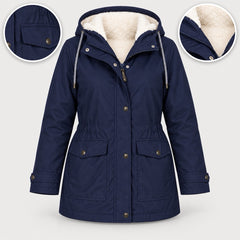 Gwendoline Hooded Rain Jacket with Fleece-Look Lining in Navy, with close-ups of the details