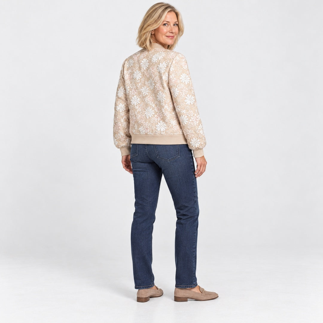 The Hayley Floral Jacquard Bomber Jacket from the back