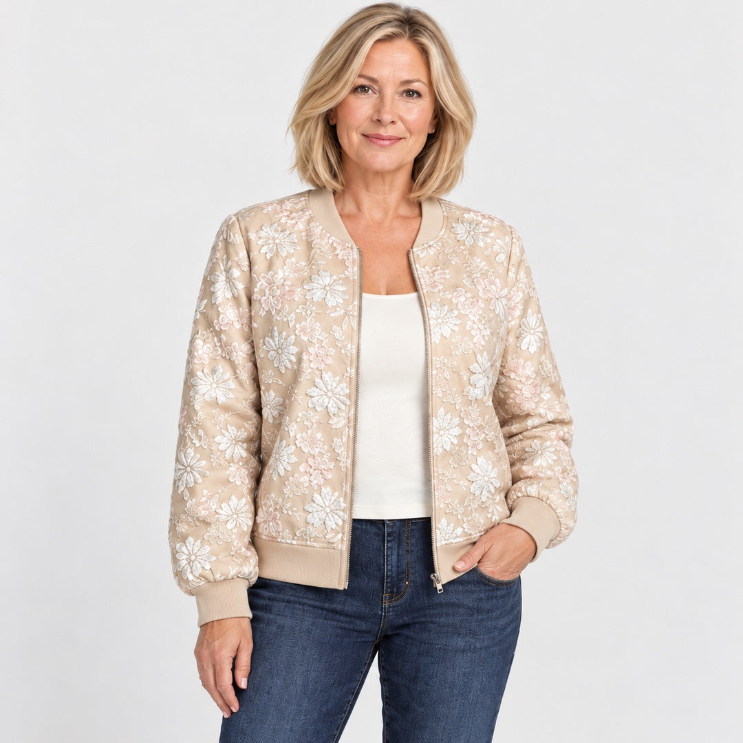 The Hayley Floral Jacquard Bomber Jacket close-up of the fabric