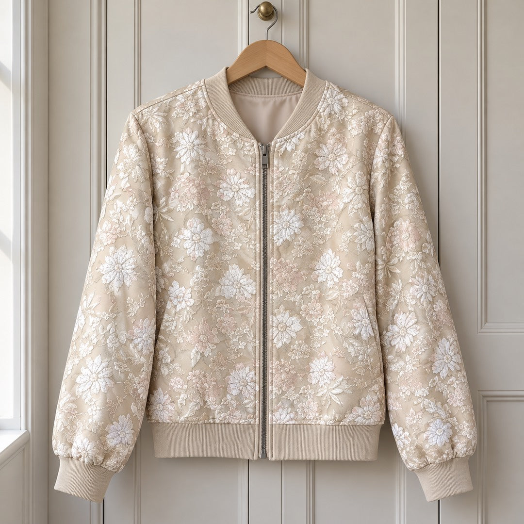 The Hayley Floral Jacquard Bomber Jacket on a hanger