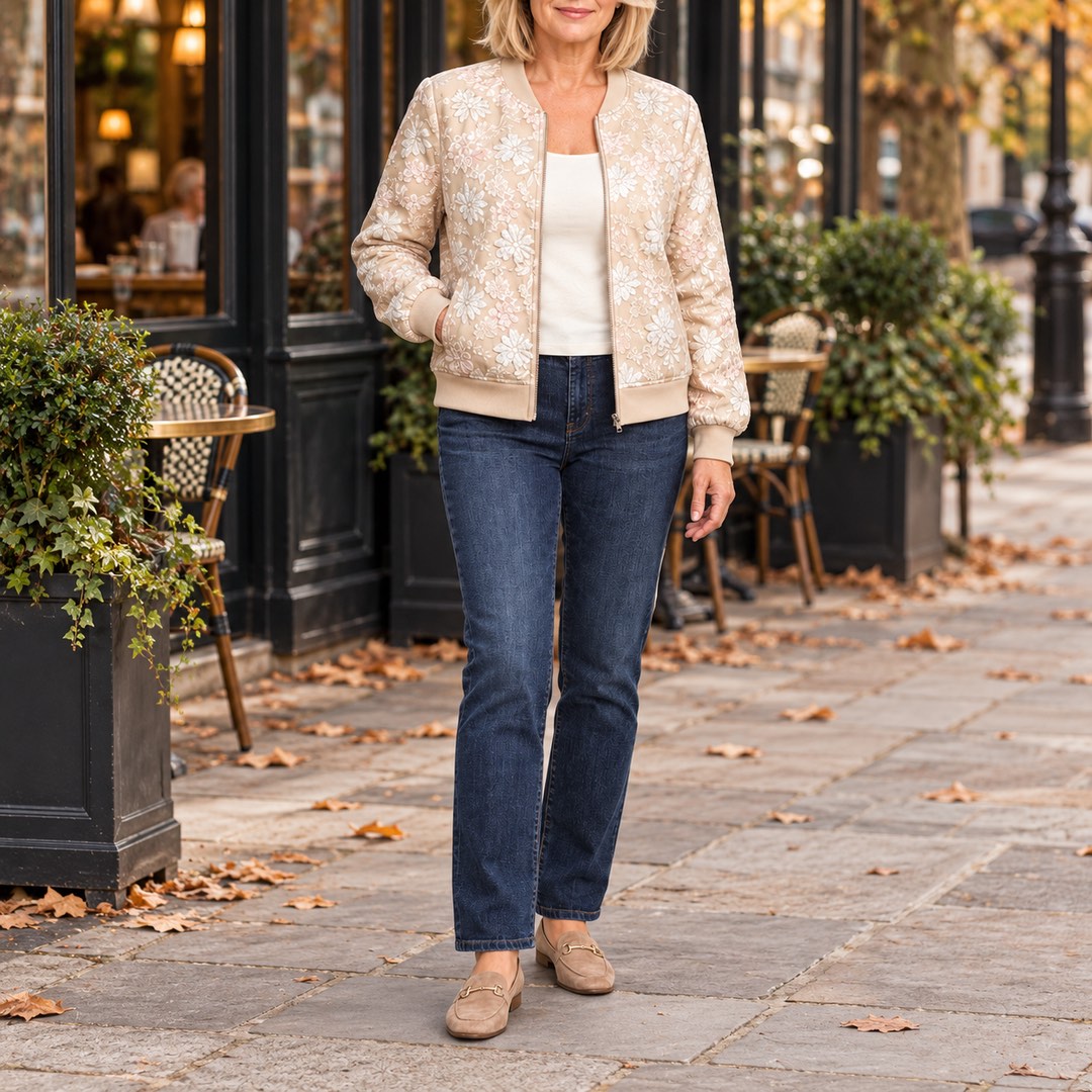 The Hayley Floral Jacquard Bomber Jacket worn out and about