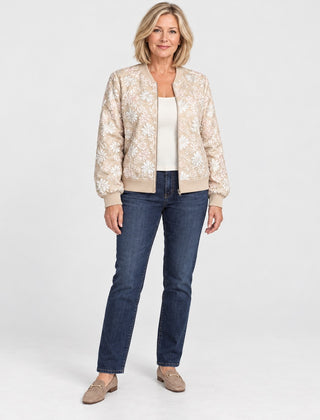 The Hayley Floral Jacquard Bomber Jacket in the studio