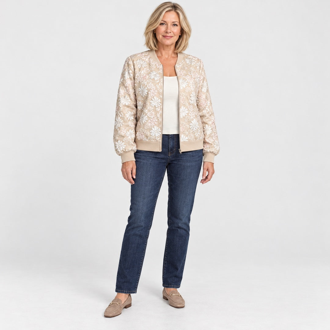 The Hayley Floral Jacquard Bomber Jacket in the studio