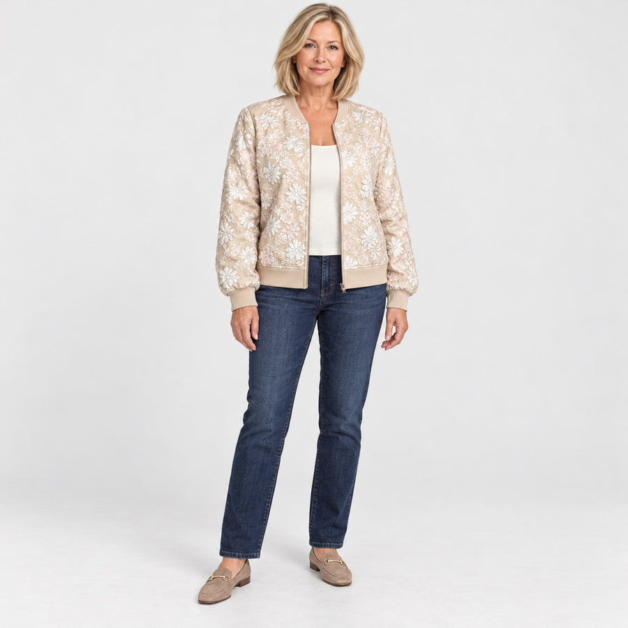 The Hayley Floral Jacquard Bomber Jacket in the studio