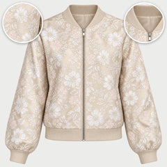 The Hayley Floral Jacquard Bomber Jacket with close-ups of the details