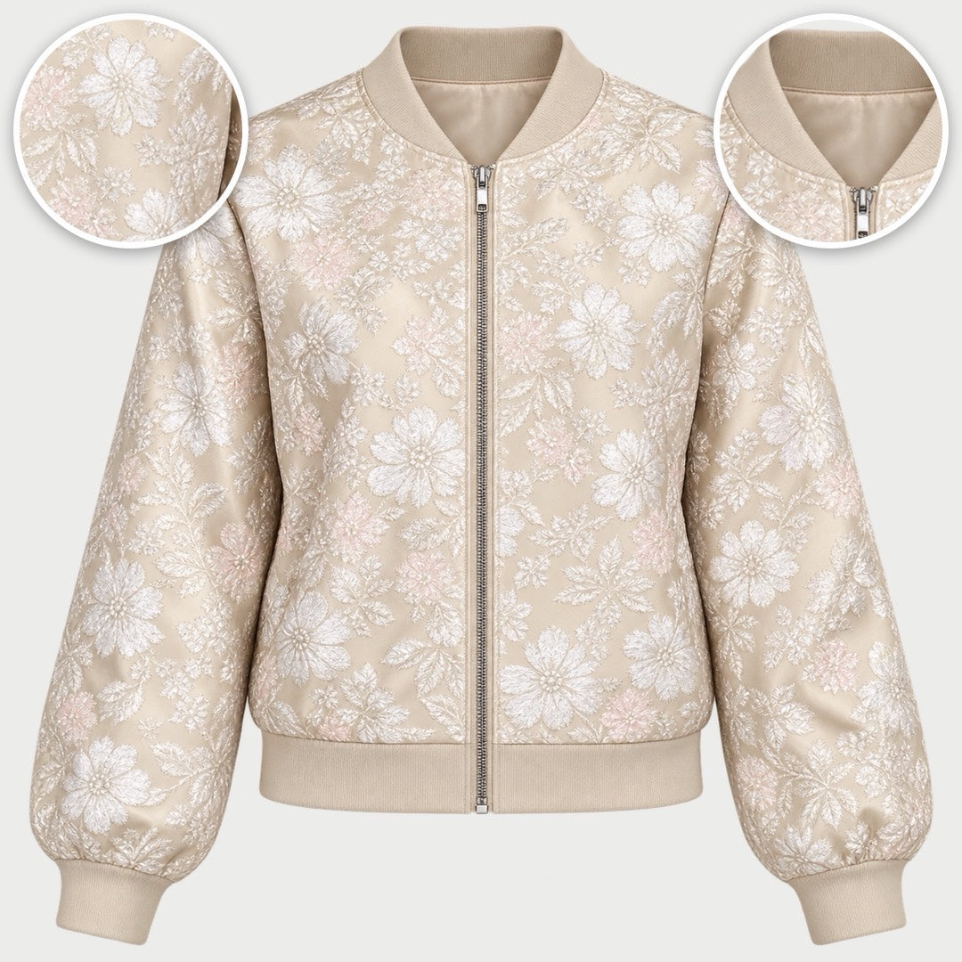 The Hayley Floral Jacquard Bomber Jacket with close-ups of the details