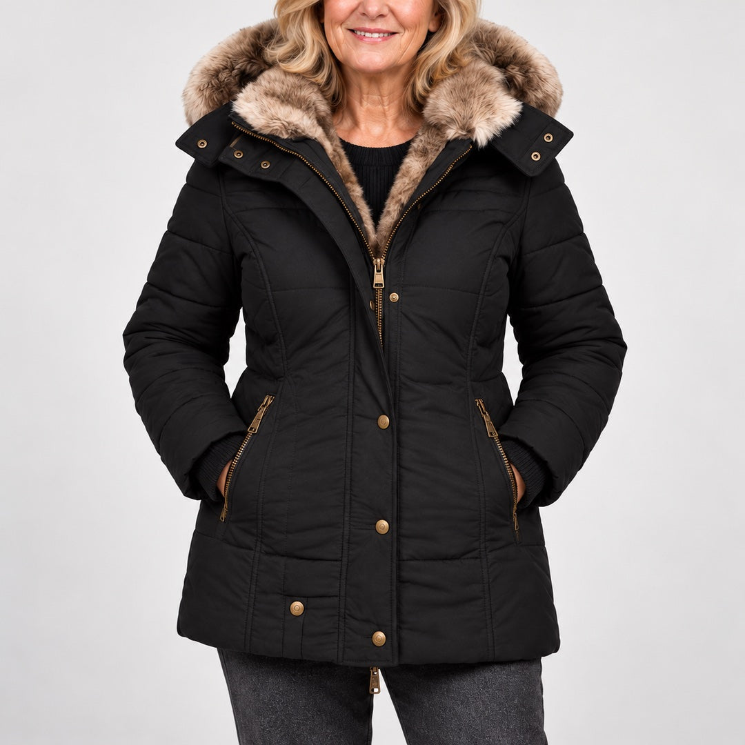 Close-up of the Heather Padded Winter Coat with Fur-Look Hood in Black