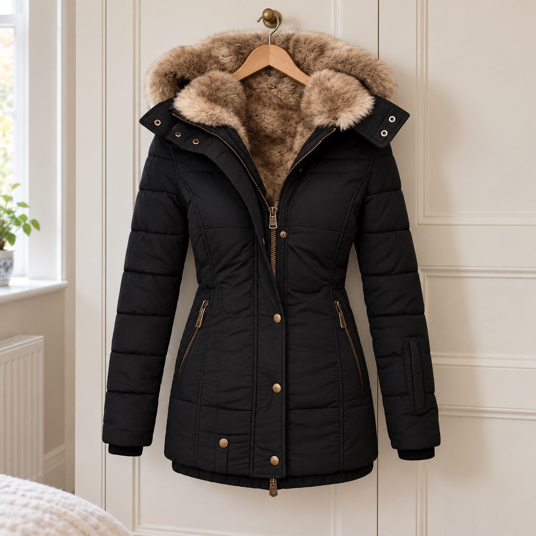 The Heather Padded Winter Coat with Fur-Look Hood in Black on a hanger