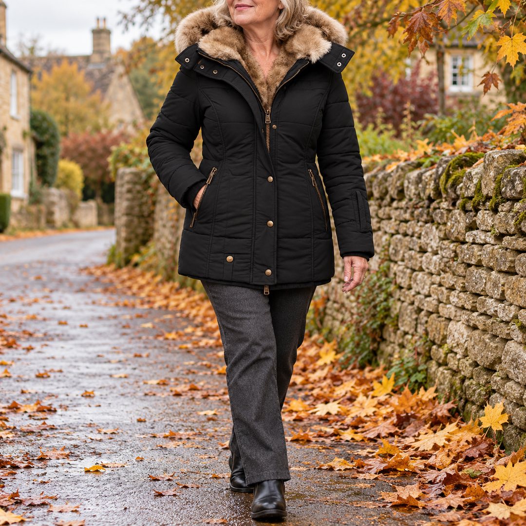 A woman wearing the Heather Padded Winter Coat with Fur-Look Hood in Black
