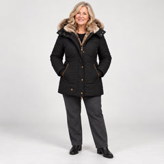 The Heather Padded Winter Coat with Fur-Look Hood in Black