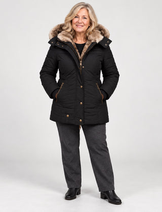 The Heather Padded Winter Coat with Fur-Look Hood in Black