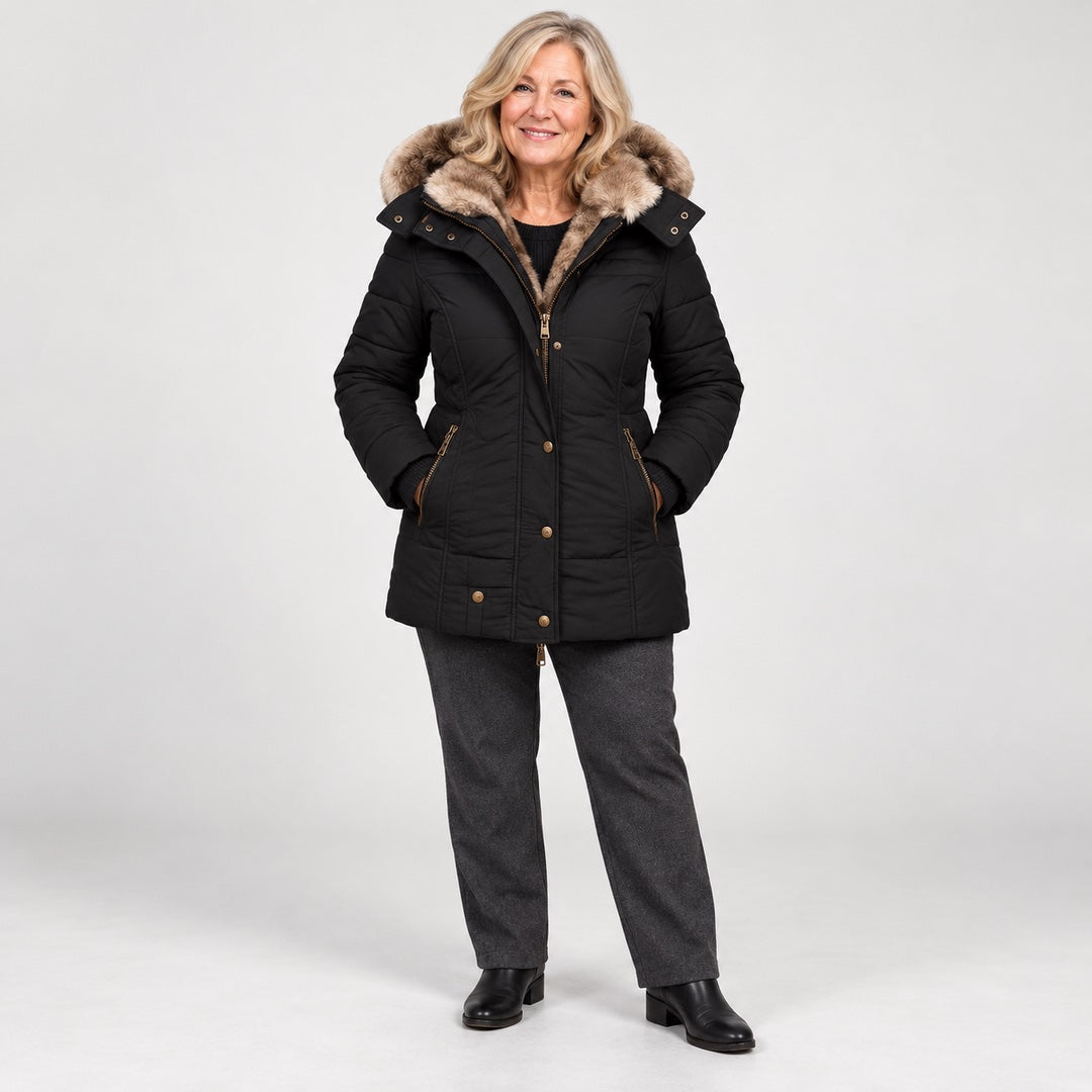 The Heather Padded Winter Coat with Fur-Look Hood in Black
