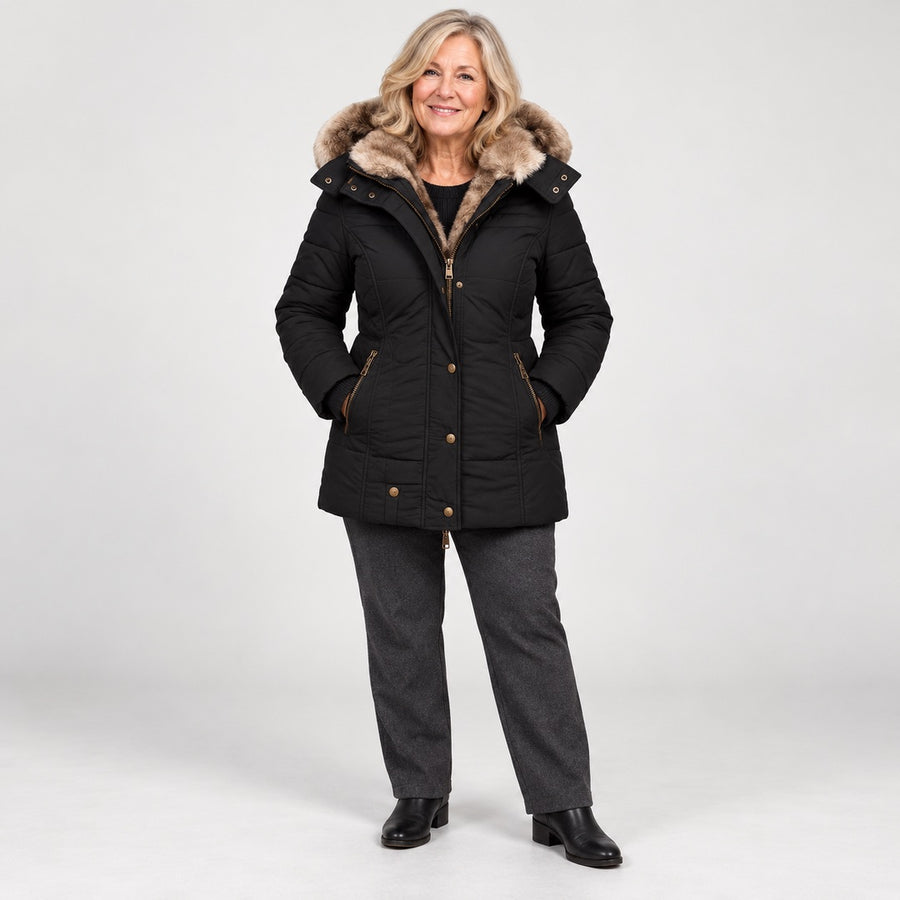 The Heather Padded Winter Coat with Fur-Look Hood in Black