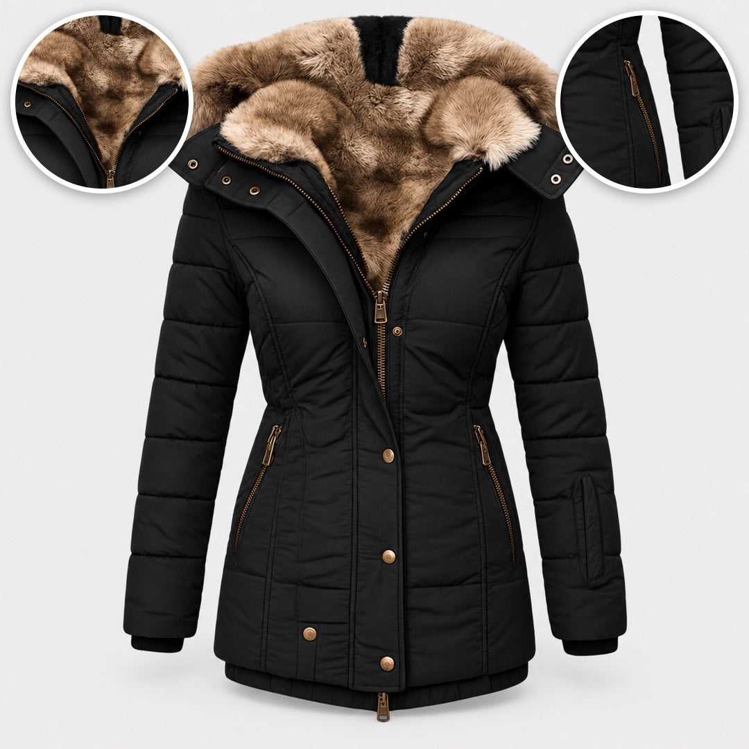 The Heather Padded Winter Coat with Fur-Look Hood in Black, with close-ups of the details