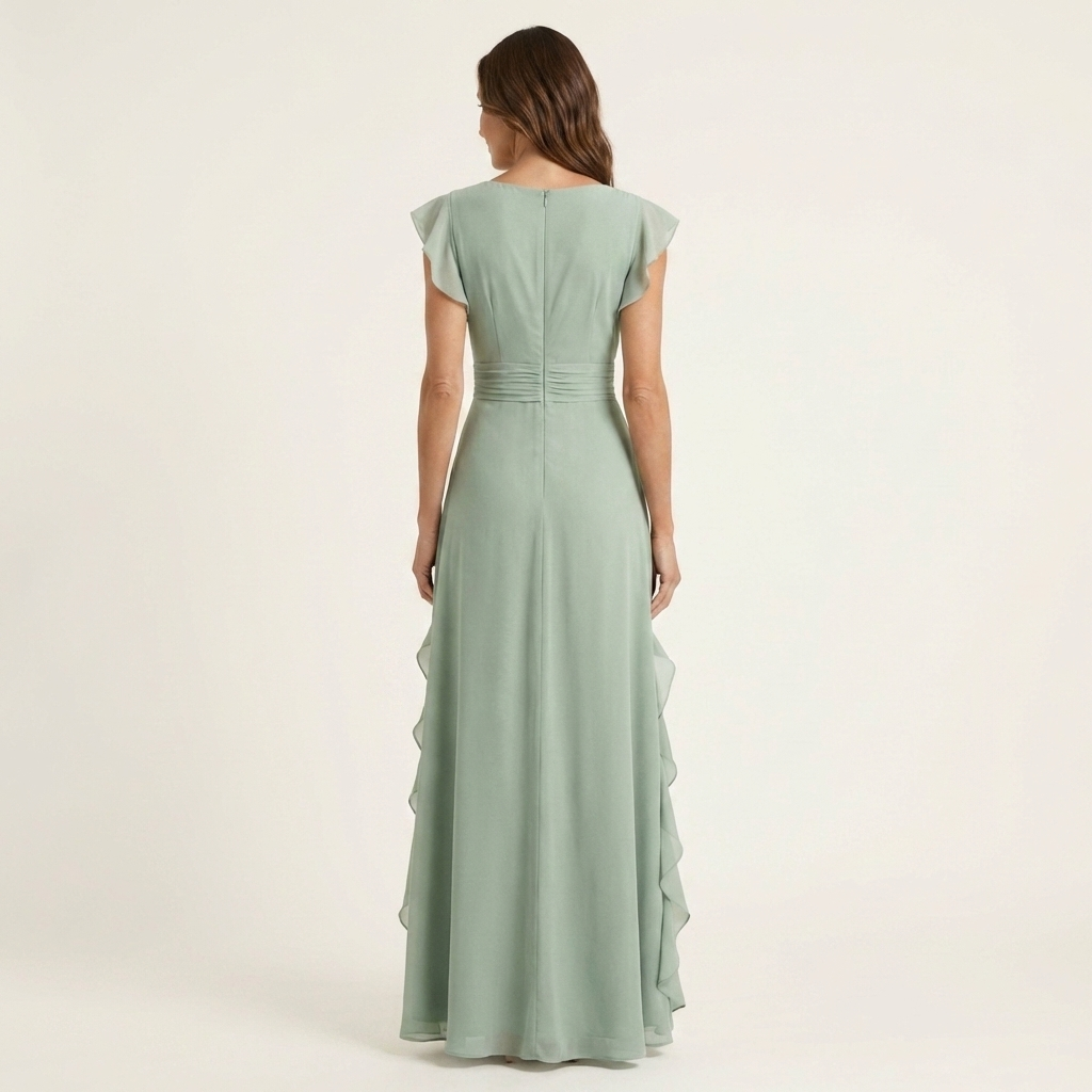 Nellyana | Wrap-Style V-Neck Flutter-Sleeve Cascading Ruffle Maxi Dress
