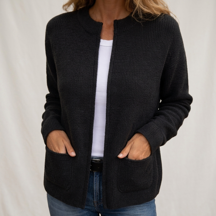 Elizabeth Cosy Ribbed Pocket Cardigan in Black