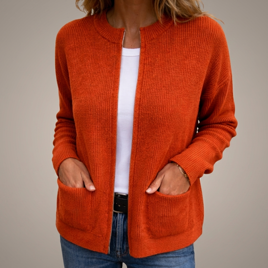 Elizabeth Cosy Ribbed Pocket Cardigan in Burnt Orange