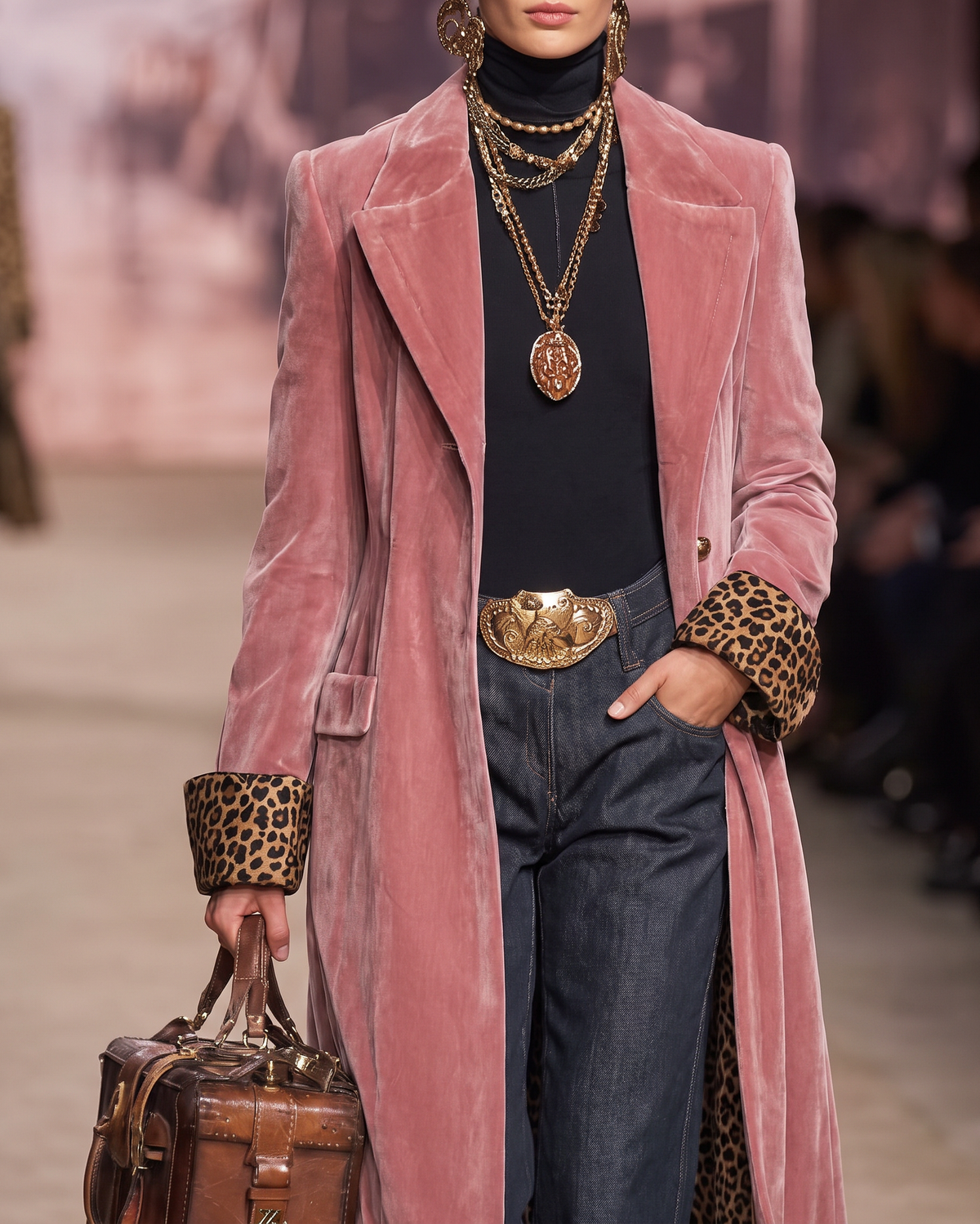 Jackie Long Velvet Coat with Leopard Lining