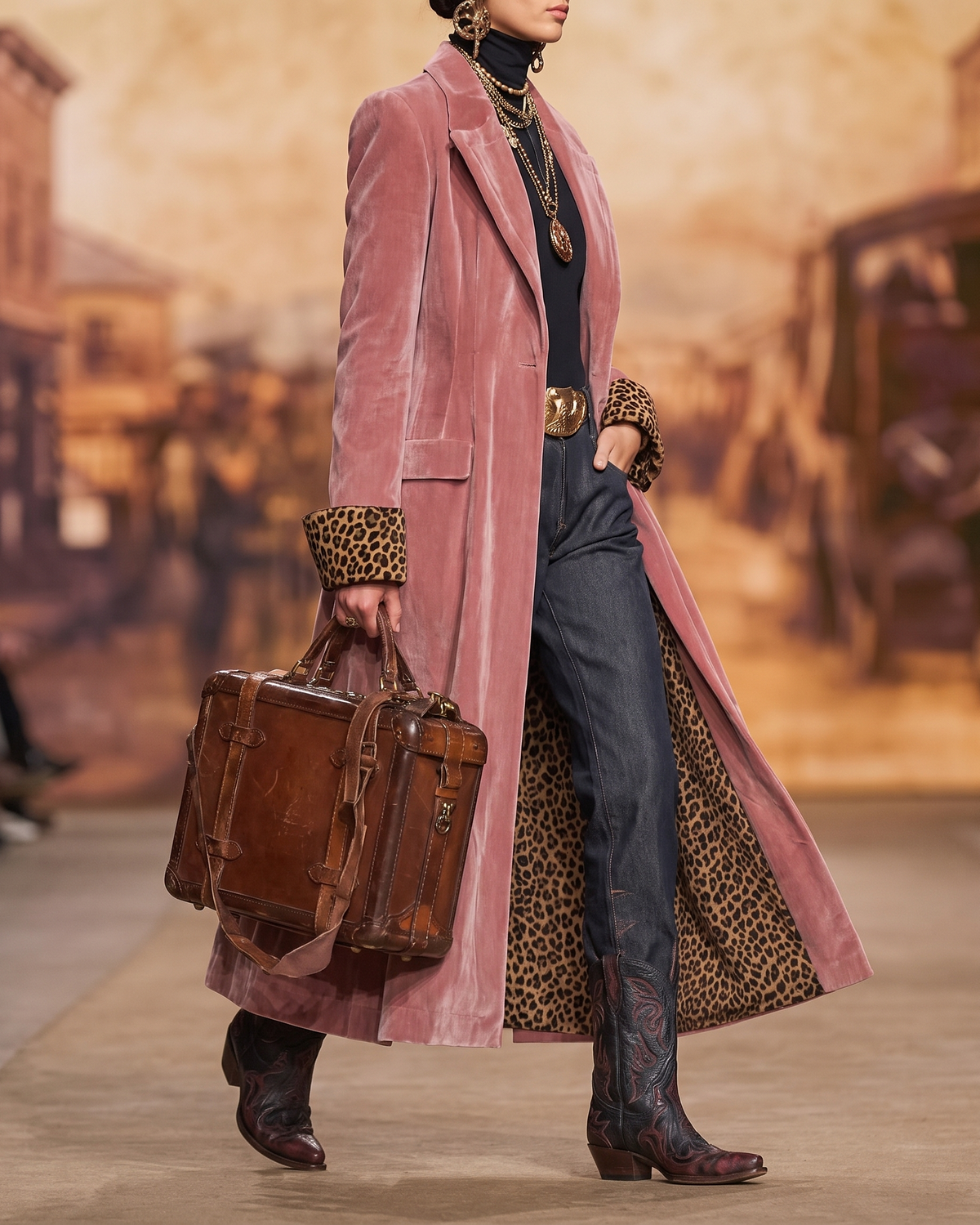Jackie Long Velvet Coat with Leopard Lining