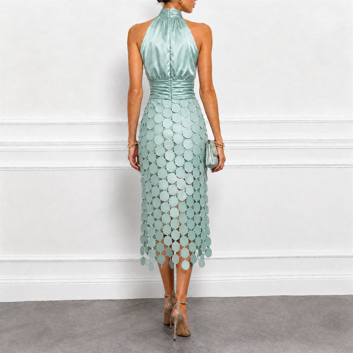 Cecily Satin Halter Neck Midi Dress with Circle Lace Skirt