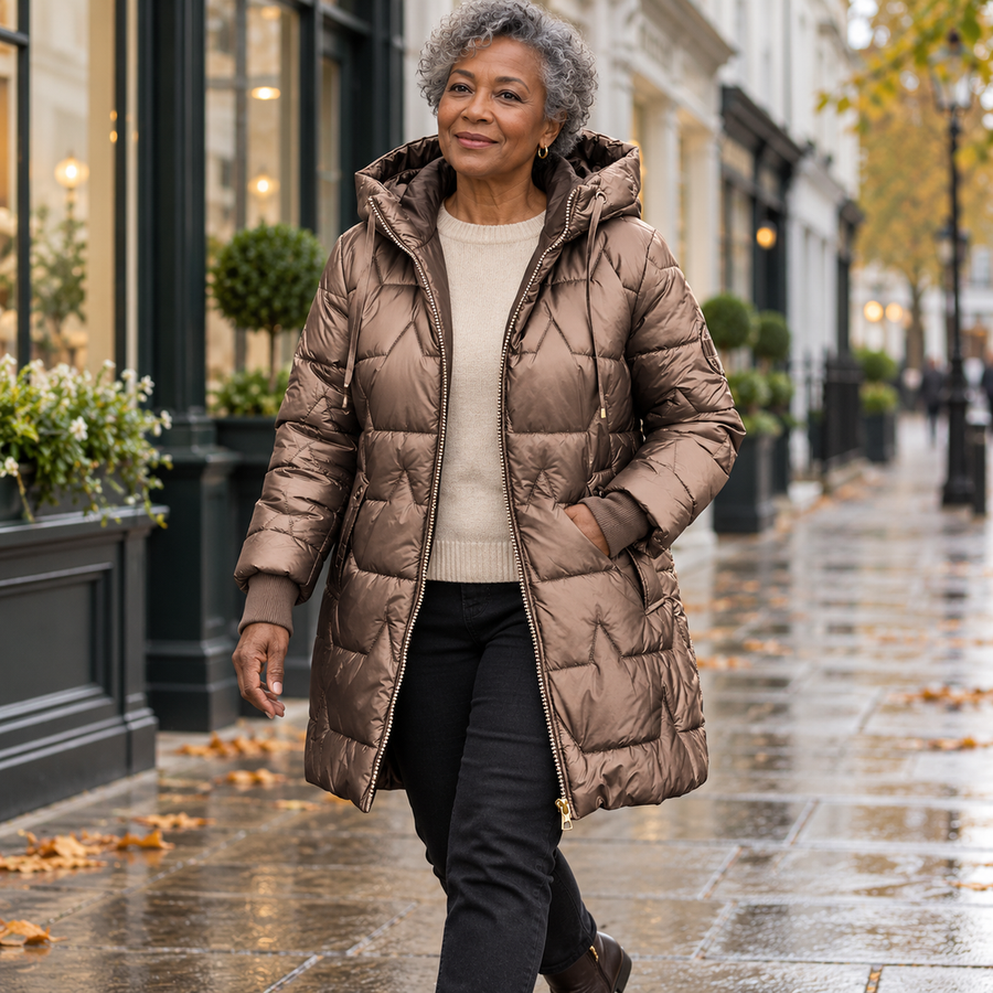 Hilary Hooded Quilted Winter Coat in Brown - worn in town