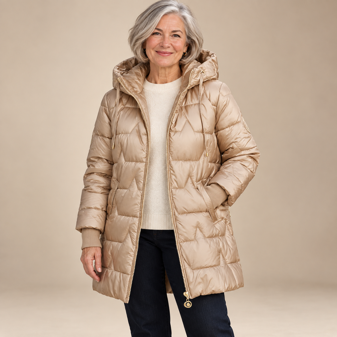 Hilary Hooded Quilted Winter Coat in Beige - studio