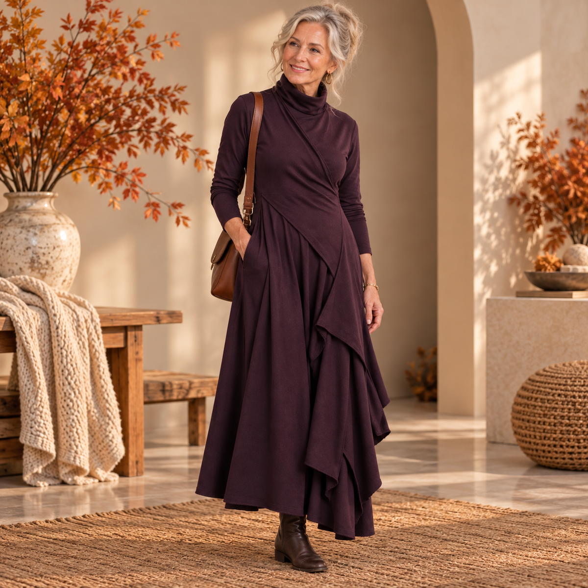 Hazel™ | Draped Roll Neck Maxi Dress