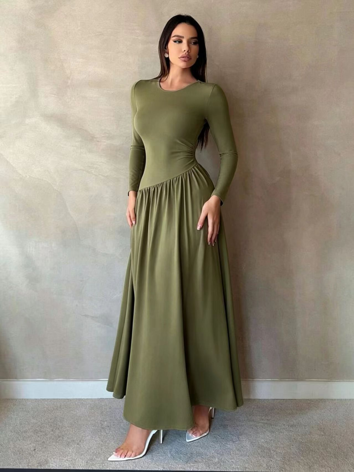 Nicola Gathered Waist Long Sleeve Knit Maxi Dress