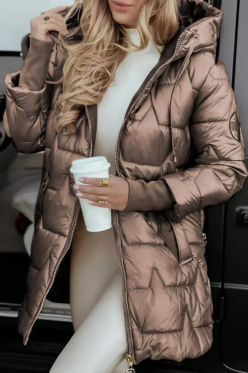Hilary Hooded Quilted Winter Coat in Brown