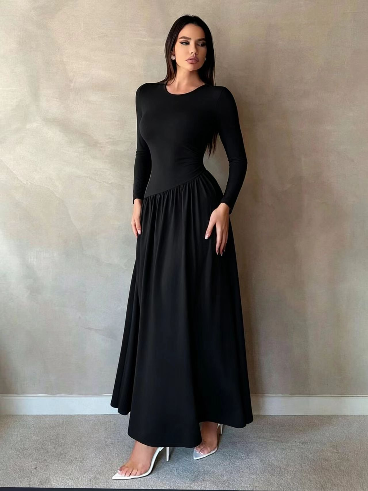 Nicola Gathered Waist Long Sleeve Knit Maxi Dress