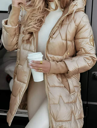 Hilary Hooded Quilted Winter Coat in Beige